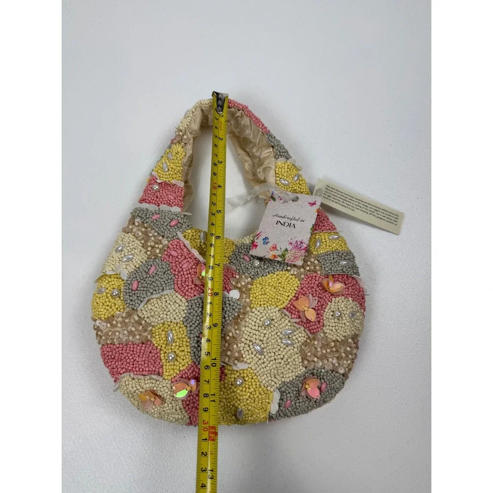 NWT Handcrafted India Beaded Hobo Bag Pastel Sequin Pearl Embellished New